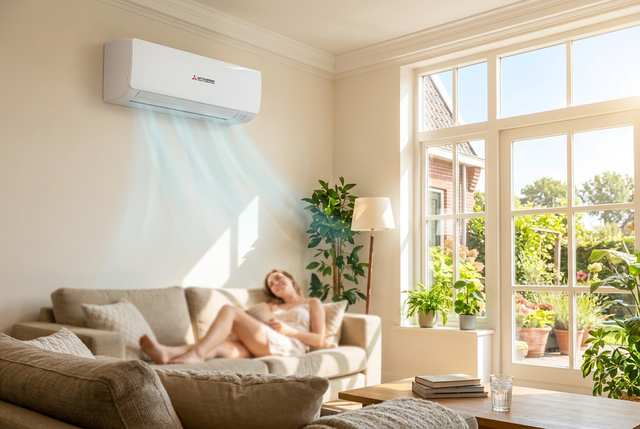 Airco-binnenunit in een moderne woonkamer
